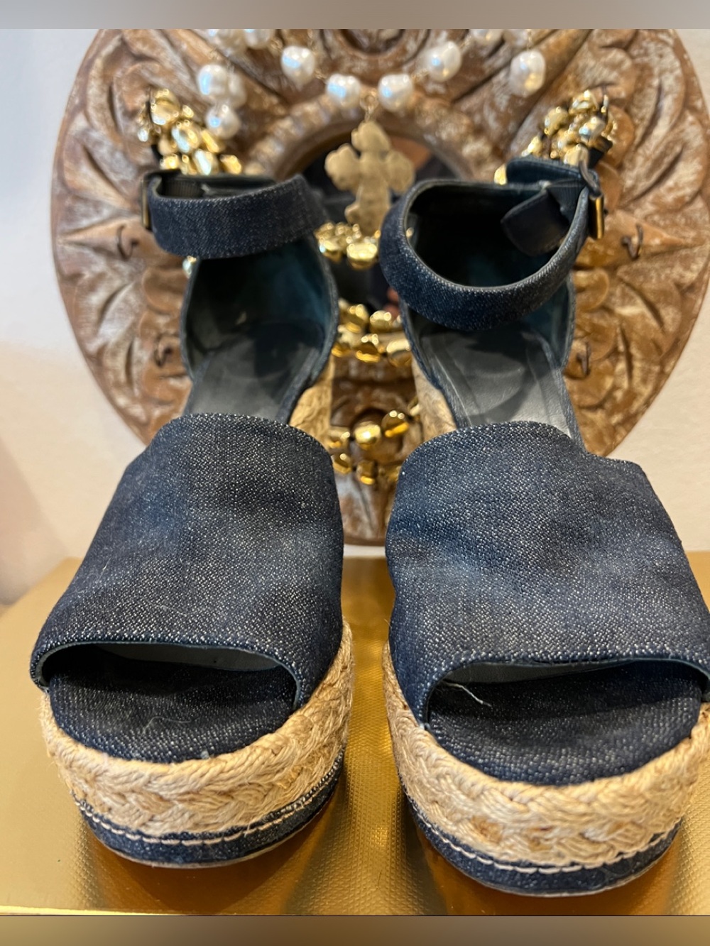 Stuart Weitzman Dark Navy Denim Espadrille Wedge Sandals